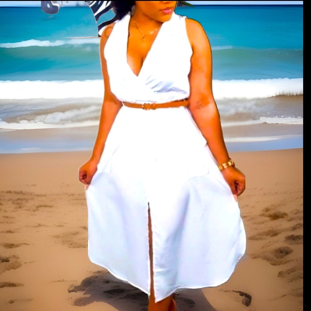 Vintage Style White Dress Slits On Front & Side Collar W/Pocket Perfect Cover U